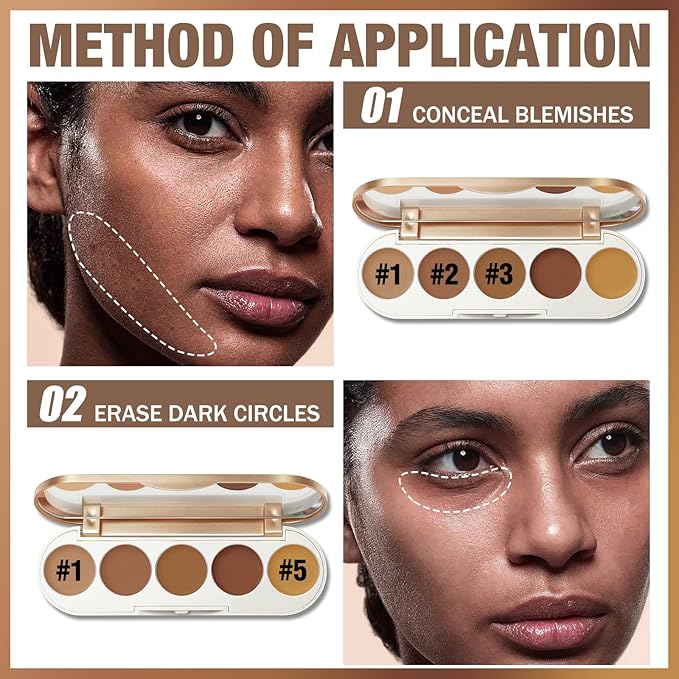 FOCALLURE #GoldenAge 5 in 1 Multi Uses Concealer Palette, 5 Colors Correcting Conceal Palette, Camouflage Contour Palettes for Dark Circles, Face Contouring Highlighter Pallet, BR01 DEEP-Velvo Beauty