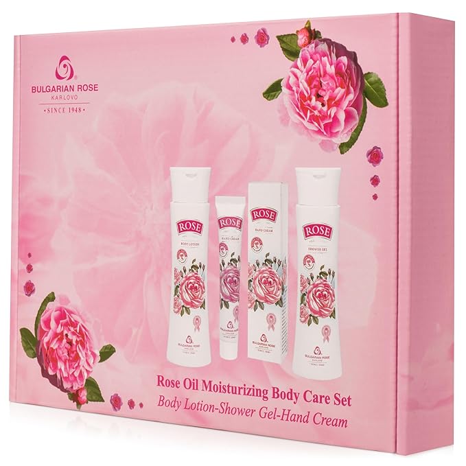 Bulgarian Rose Oil Moisturizing Body Care 3 Piece Gift Set - Natural Rose Body Lotion, Natural Rose Body Wash, Natural Rose Hand Cream-Velvo Beauty