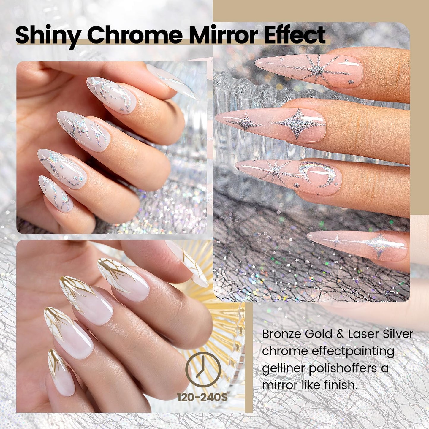 RARJSM Metallic Chrome Gel Liner Nail Art 3D Mirror Holographic Silver and Bronze Gold 2Pcs Set Gel Nail Polish 8ml Painting Build in Thin Brush Painted Drawing Striper GelPolish Curing Requires-Velvo Beauty