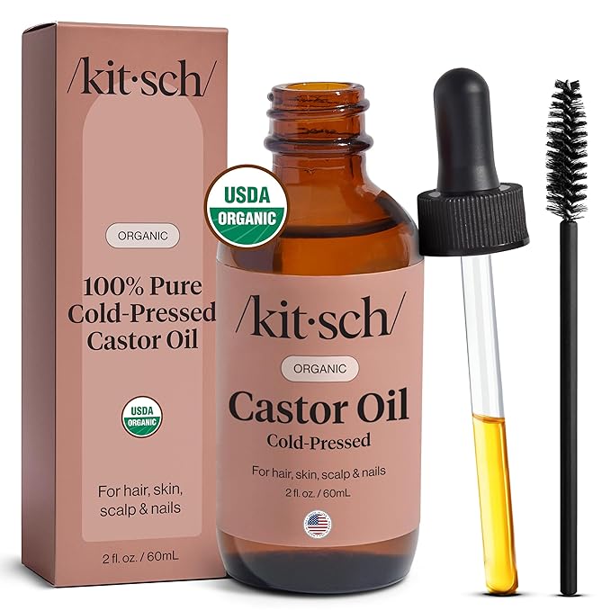 Kitsch Organic Castor Oil for Hair Growth - 100% Pure Castor Oil, Organic Cold Pressed Unrefined Glass Bottle for Face, Skin, Lashes, Brows, Scalp, Nails & Belly Button - Hexane Free, USDA - 2 oz-Velvo Beauty