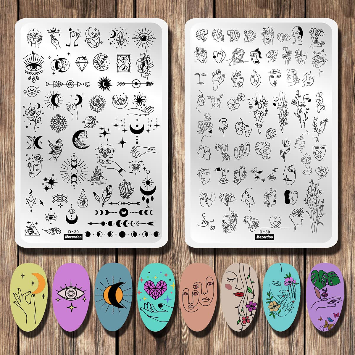 2pcs Large Abstract Face Galaxy Nail Stamping Plates Line Girl Face Pictures Stencil Moon Star Space Nail Picture Design Stamp Templates Mix Flower Leaf Starry Sky Stainless Steel Nail Art Image Plate-Velvo Beauty