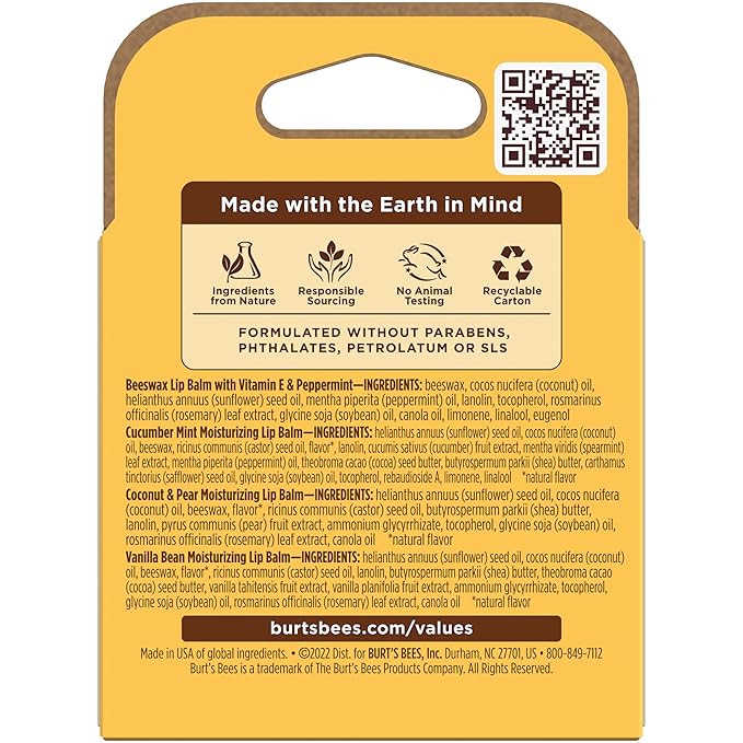 Burt's Bees Lip Balm - Beeswax, Cucumber Mint, Coconut & Pear, and Vanilla Bean Pack, With Responsibly Sourced Beeswax, Tint-Free, Natural Origin Lip Treatment, 4 Tubes, 0.15 oz.-Velvo Beauty