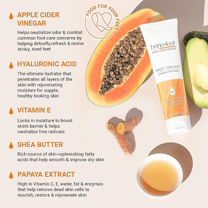 Benefeet Sweet Dreams Overnight Foot Repair - Night Cream for Detox, Moisturize & Soften Dry Cracked Skin, With Apple Cider Vinegar, Turmeric & Borage Oil, 4oz-Velvo Beauty