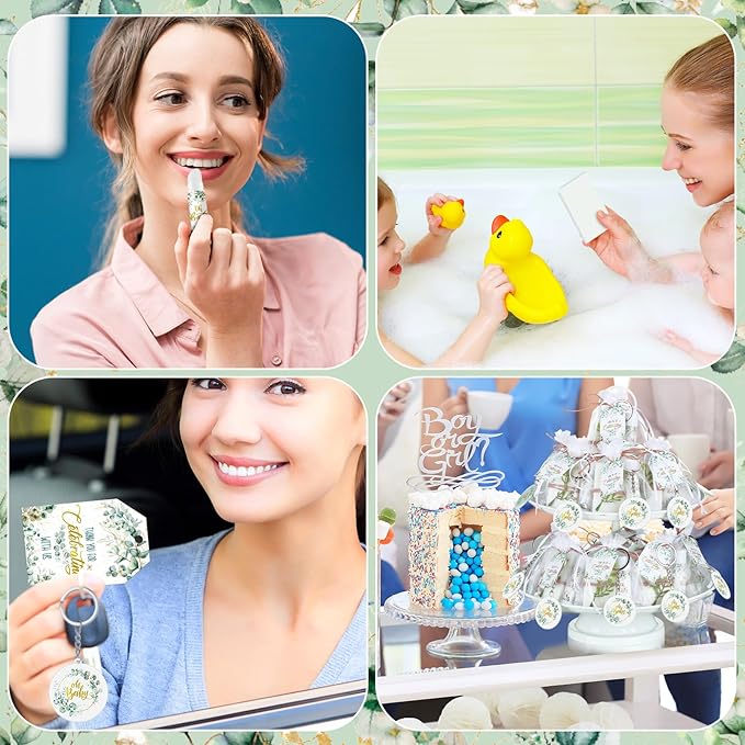 60 Sets 360 Pcs Lip Balm Soap Keychain Favors Eucalyptus Greenery Baby Shower Favors with Organza Bag Gift Card Faux Eucalyptus Greenery for Baby Shower Gift Gender Reveal Guest Prize-Velvo Beauty