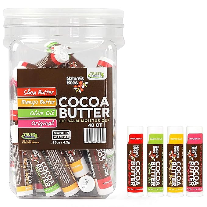 Nature's Bees, Cocoa Butter Flavored Lip Balm Tubes Set Bulk Assortment Chap Treatment Moisturizer For Dry Lips, Original Variety Assortment (Shea Butter, Original, Olive Oil, Mango Butter) - 48 Pack-Velvo Beauty