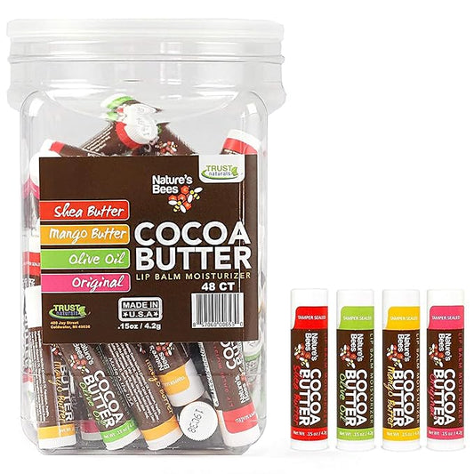 Nature's Bees, Cocoa Butter Flavored Lip Balm Tubes Set Bulk Assortment Chap Treatment Moisturizer For Dry Lips, Original Variety Assortment (Shea Butter, Original, Olive Oil, Mango Butter) - 48 Pack-Velvo Beauty