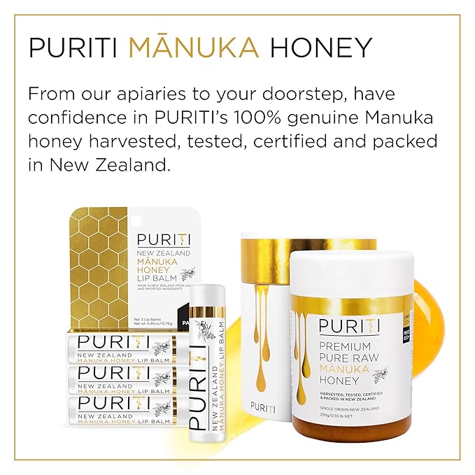 PURITI Manuka Honey Lip Balm – 3pack Soothing & Moisturizing, Enriched with Almond, Jojoba, Macadamia Oils, Cocoa Butter, Hydrating for Dry & Chapped Lips, 100% Genuine New Zealand Manuka Honey-Velvo Beauty