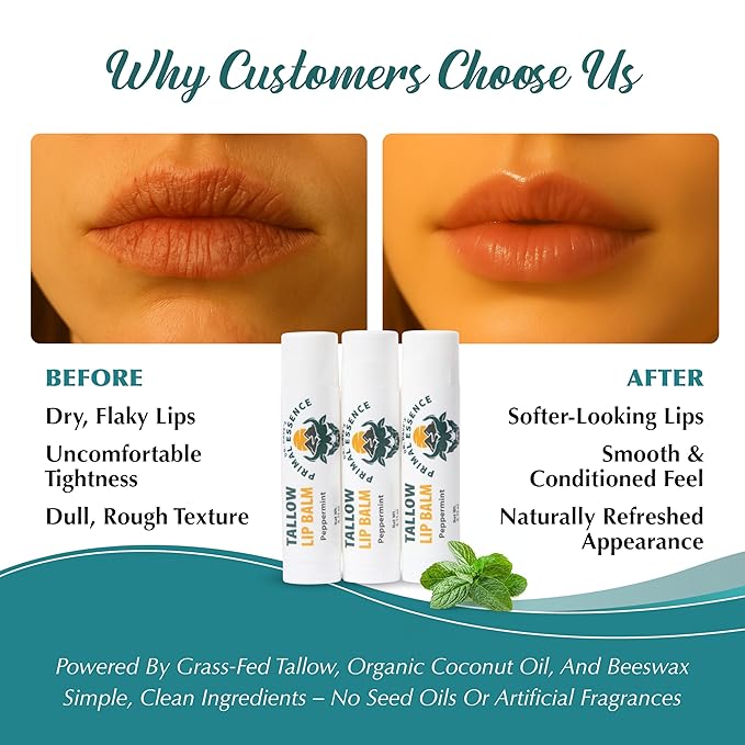 Moisturizing Tallow Lip Balm – Grass-Fed Beef Tallow with Organic Coconut Oil, Beeswax, and Vitamin E – Peppermint – Lip Balm Set – Travel Essential – 3-Pack-Velvo Beauty