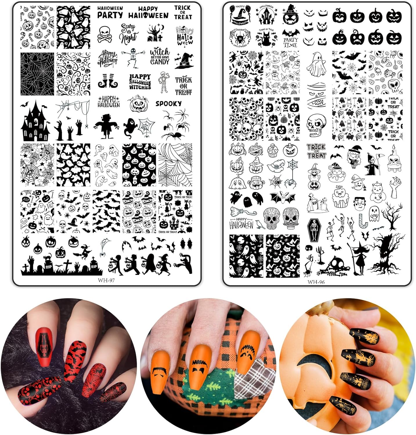 2Pcs Halloween Nail Art Stamping Plate Kit Skull Bat Witch Pumpkin Design Nail Art Plate for Holiday DIY Print Manicure Salon-Velvo Beauty