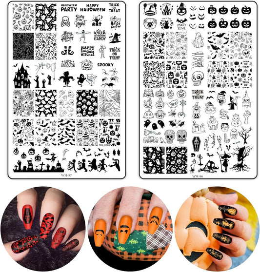 2Pcs Halloween Nail Art Stamping Plate Kit Skull Bat Witch Pumpkin Design Nail Art Plate for Holiday DIY Print Manicure Salon-Velvo Beauty