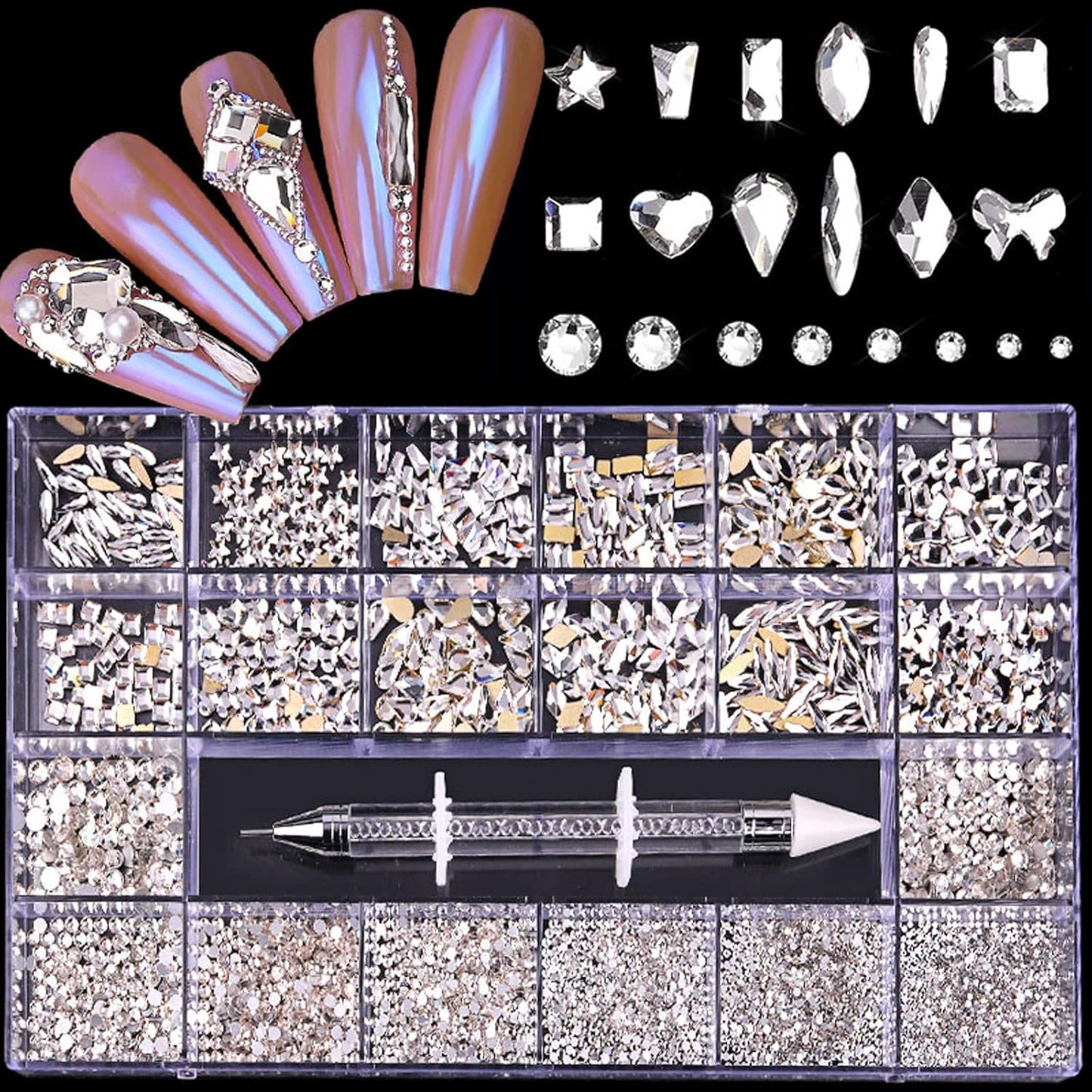 Nail Rhinestones Kit, Nail Art Decorations Flat AB Rhinestones Kit DIY Crafts Gemstones for Nail, Shoes, Clothes, Jewels (600 Clear Diamonds + 2500 Flat Rhinestone)-Velvo Beauty