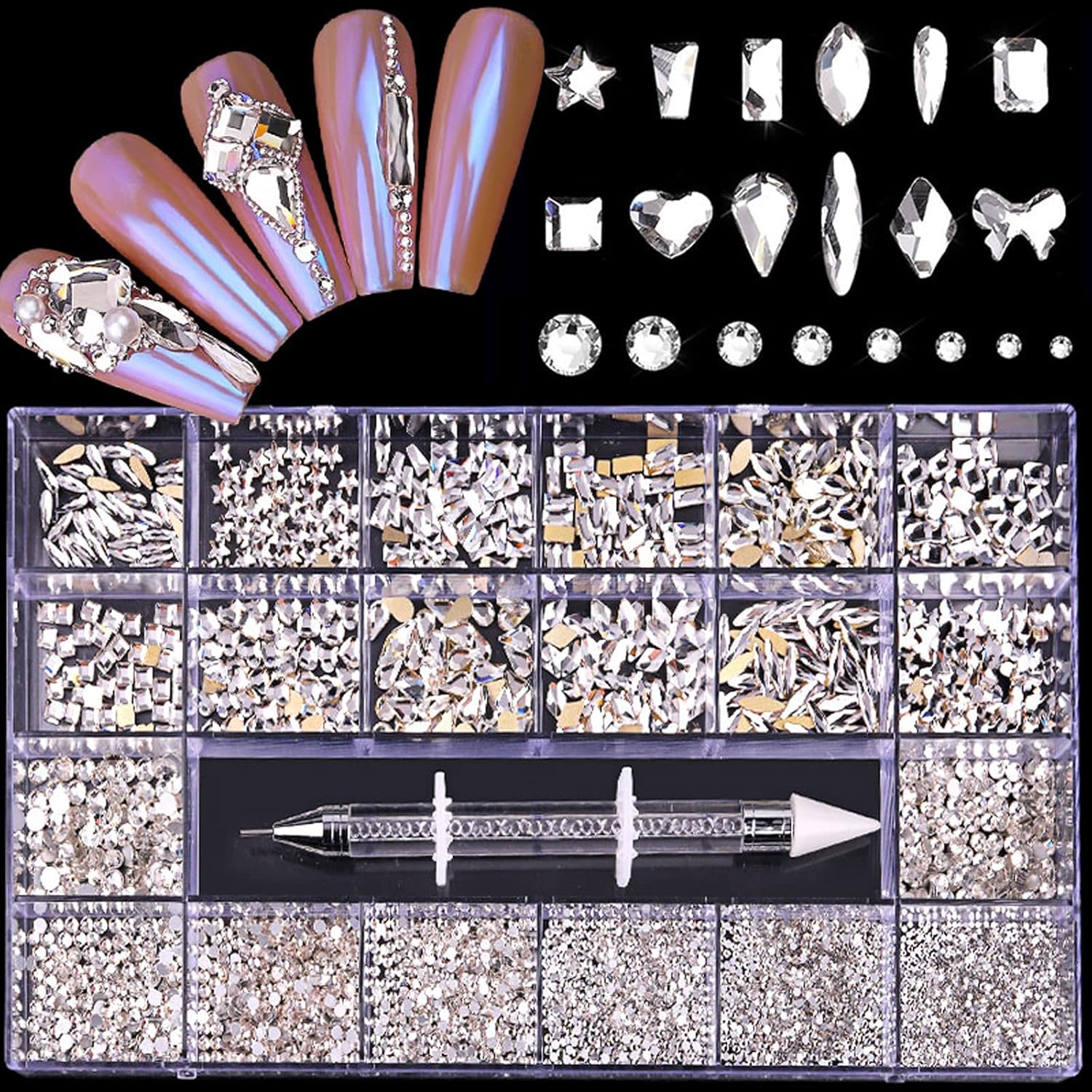 Nail Rhinestones Kit, Nail Art Decorations Flat AB Rhinestones Kit DIY Crafts Gemstones for Nail, Shoes, Clothes, Jewels (600 Clear Diamonds + 2500 Flat Rhinestone)-Velvo Beauty