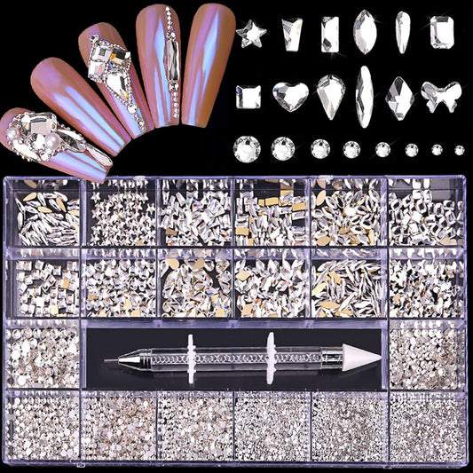 Nail Rhinestones Kit, Nail Art Decorations Flat AB Rhinestones Kit DIY Crafts Gemstones for Nail, Shoes, Clothes, Jewels (600 Clear Diamonds + 2500 Flat Rhinestone)-Velvo Beauty