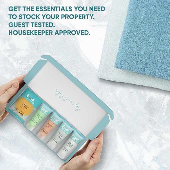 Eco Botanics Amenity Kit | Boxed Hotel Toiletries | Bulk Set .85 oz Travel Size Shampoo, Conditioner, Lotion, Body Wash & Body Bar Soap for Guest Hospitality AirBnB/Vacation Rentals | 60 sets per case-Velvo Beauty