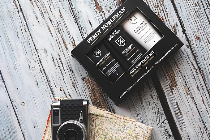 Percy Nobleman Age Defence Kit, a men's skincare set containing Charcoal Face Scrub (with Natural AHAs), ultra-hydrating Facial Serum (with Hyaluronic Acid), and Moisturiser (with Vitamin C)-Velvo Beauty