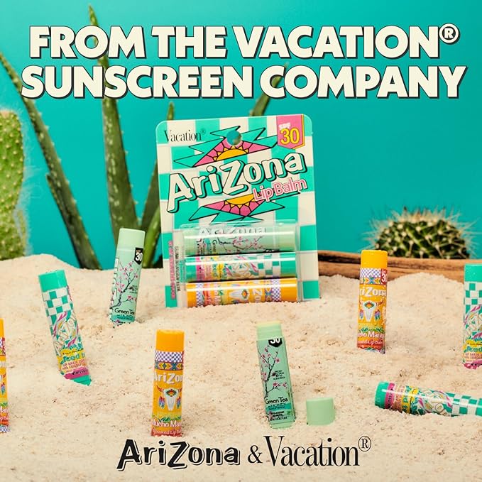 AriZona Iced Tea SPF 30 Lip Balms 3-Pack by Vacation Sunscreen, Hydrating Lip Sunscreen Chapstick, Water Resistant Vegan Sunscreen Lip Balm, 3 Iconic Flavors, Limited Edition SPF Chapstick (Pack of 3)-Velvo Beauty