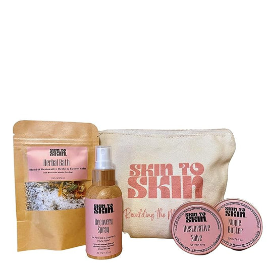 Skin to Skin Postpartum Kit-4 Piece Set in Cosmetic Bag - Postpartum Recovery - Includes: Herbal Bath, Recovery Spray, Restorative Salve, and Nipple Butter - Postpartum Care Kit - After Birth Care Kit-Velvo Beauty