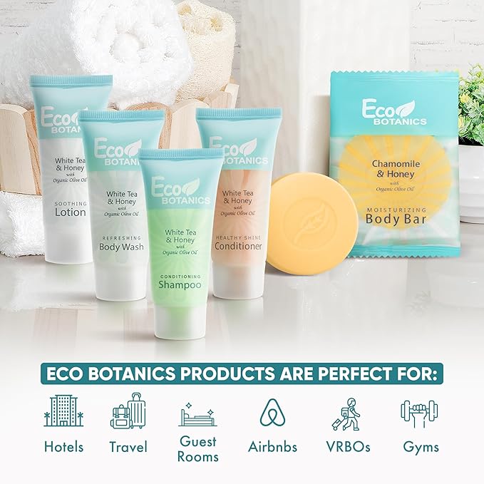 Eco Botanics Hotel Soaps & Toiletries Bulk Set | 0.85oz Hotel Shampoo & Conditioner, Body Wash, Body Lotion & Bar Soap Travel Size | Half Pallet, 36 cases with 300 units each - 10,800 pieces-Velvo Beauty