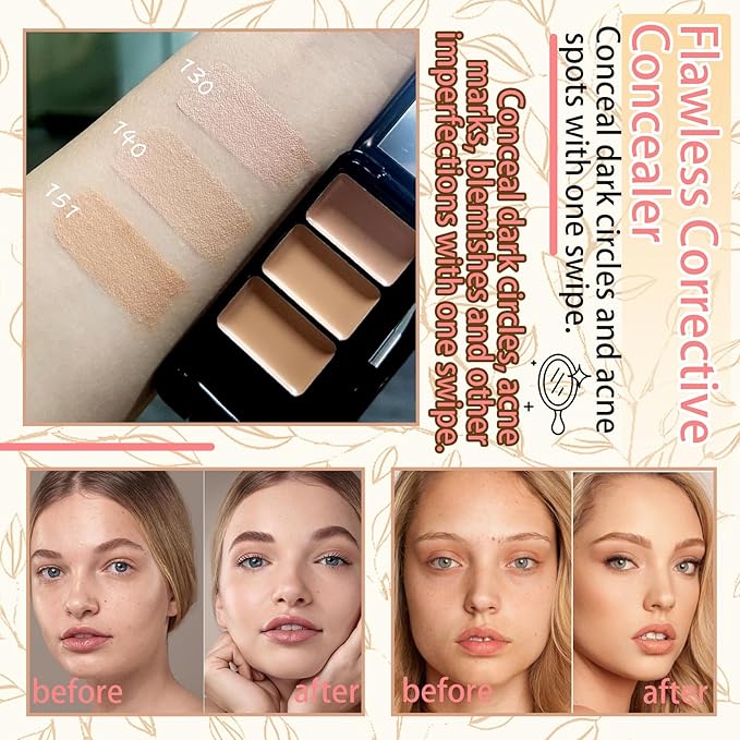 3 Colors Corrector Palette,Moisturizing Long Lasting Waterproof Cream Contour Makeup Palette,Color Correcting Concealer,Natural Flawless Full Coverage Liquid Foundation Set with Makeup Brushes-Velvo Beauty