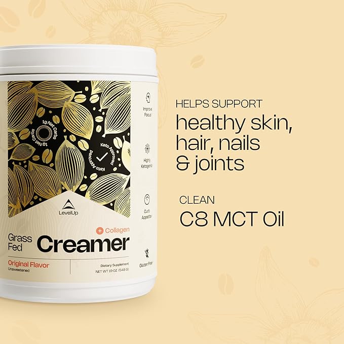 LevelUp Creamer, with Energizing MCT Oil and Collagen Peptides, Keto Coffee Creamer, Supports Natural Energy & Ketone Production - Original (Unsweetened) 7 oz-Velvo Beauty