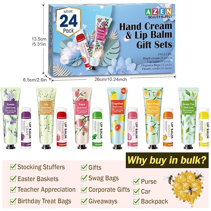 AZEN 24 Sets Hand Cream Bulk and Lip Balm Bulk Set, Bridal Shower Gifts for Guests, Thank You Gifts for Coworkers Women Men with Organza Bag Thank You Card, Bridal Wedding Favors for Guests-Velvo Beauty