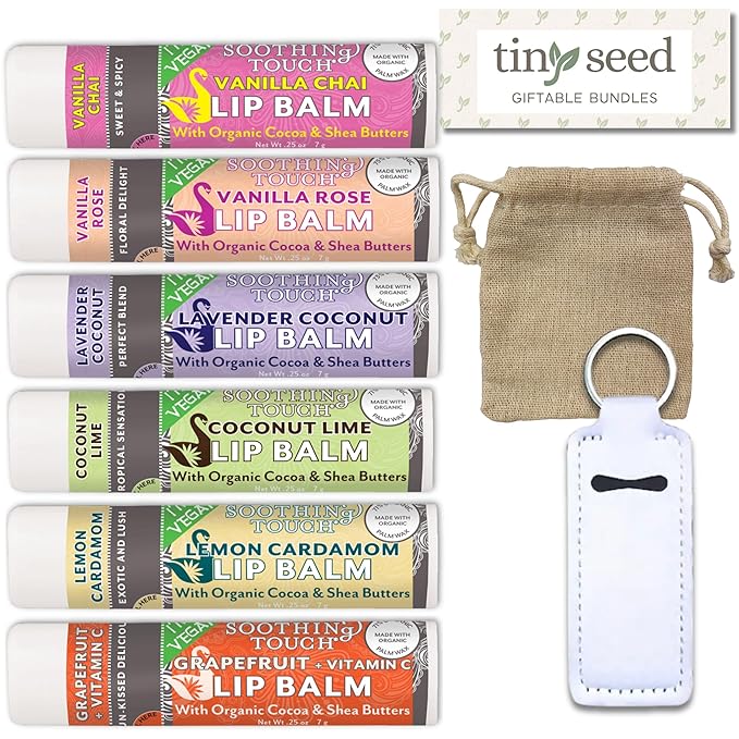 Vegan Lip Balm Set - Pack of 6 Soothing Touch Lip Balms. Includes Muslin Pouch and Lip Balm Holder (White): Lavender Coconut, Vanilla Chai, Vanilla Rose, Coconut Lime, Lemon Cardamom, Grapefruit-Velvo Beauty