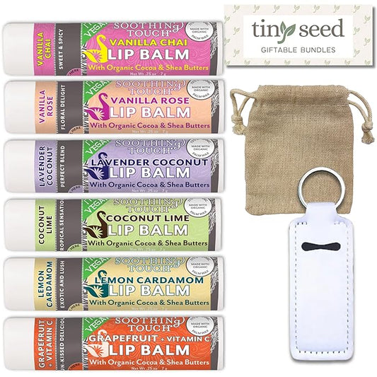Vegan Lip Balm Set - Pack of 6 Soothing Touch Lip Balms. Includes Muslin Pouch and Lip Balm Holder (White): Lavender Coconut, Vanilla Chai, Vanilla Rose, Coconut Lime, Lemon Cardamom, Grapefruit-Velvo Beauty
