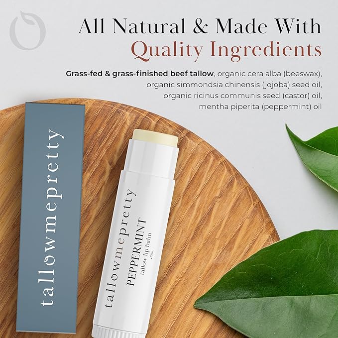 Peppermint Lip Balm, Ultra-Soothing, Deeply Hydrating Tallow Lip Balm with Grass Fed Beef Tallow, Beeswax, Jojoba Oil & More, Non Toxic Lip Care, Made in the USA, 0.15 Oz.-Velvo Beauty