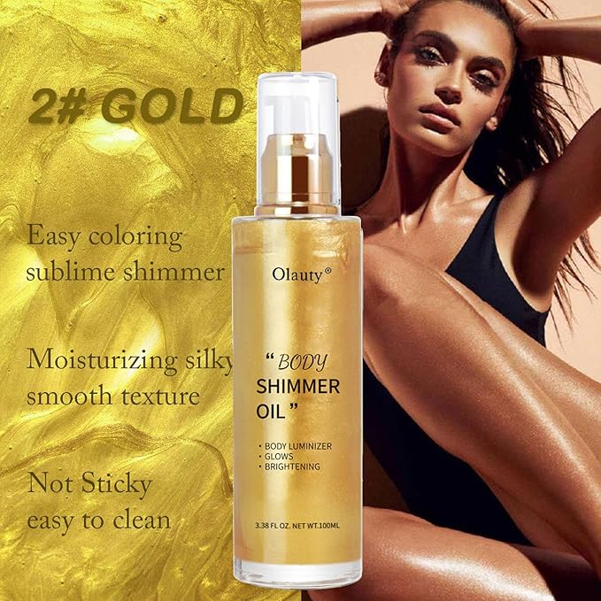 Shimmer Body Oil-Gold Face Brighten Glow Pearl Highlighter Liquid Illuminator Body Glow Oil,4 Color Bronze Makeup Glitter Body Shimmer Oil with Makeup Brush-Velvo Beauty