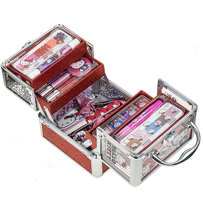 Hello Kitty - Townley Girl Train Case Cosmetic Makeup Set Includes Lip Gloss, Eye Shimmer, Nail Polish, Hair Accessories & More! For Girls, Ages 3+ Perfect for Parties & Makeovers-Velvo Beauty