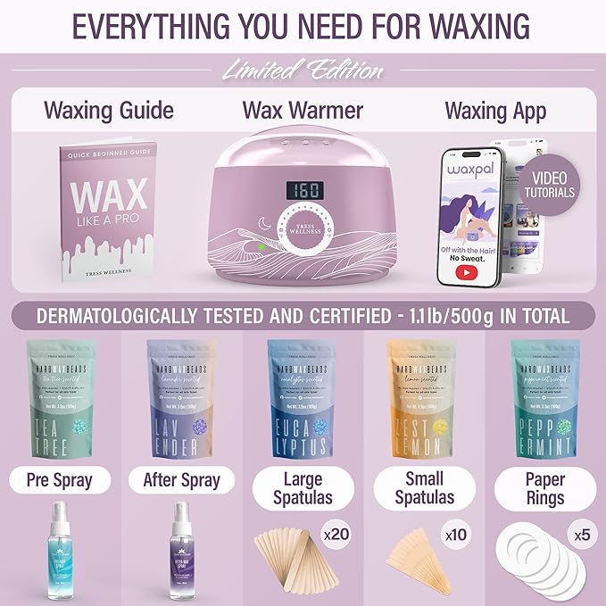 Tress Wellness Waxing Kit for Sensitive Skin – Safe for Face & Skin, Prep & Aftercare Spray, Easy to Use – At-Home Kit for Face, Bikini, Brazilian & Full Body - Digital Display, Misty Lilac-Velvo Beauty