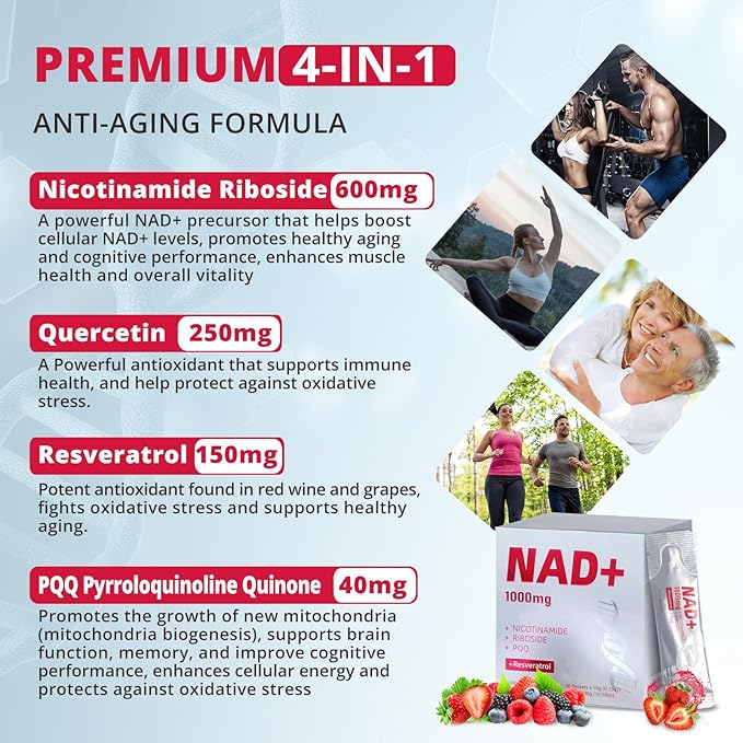 High-Potency 1000mg Nicotinamide Riboside with Resveratrol, PQQ & Quercetin Liquid Supplement, Berry Flavor Drink Mix, Boosts Cellular Energy, Focus & Anti-Aging, 30 Packets-Velvo Beauty