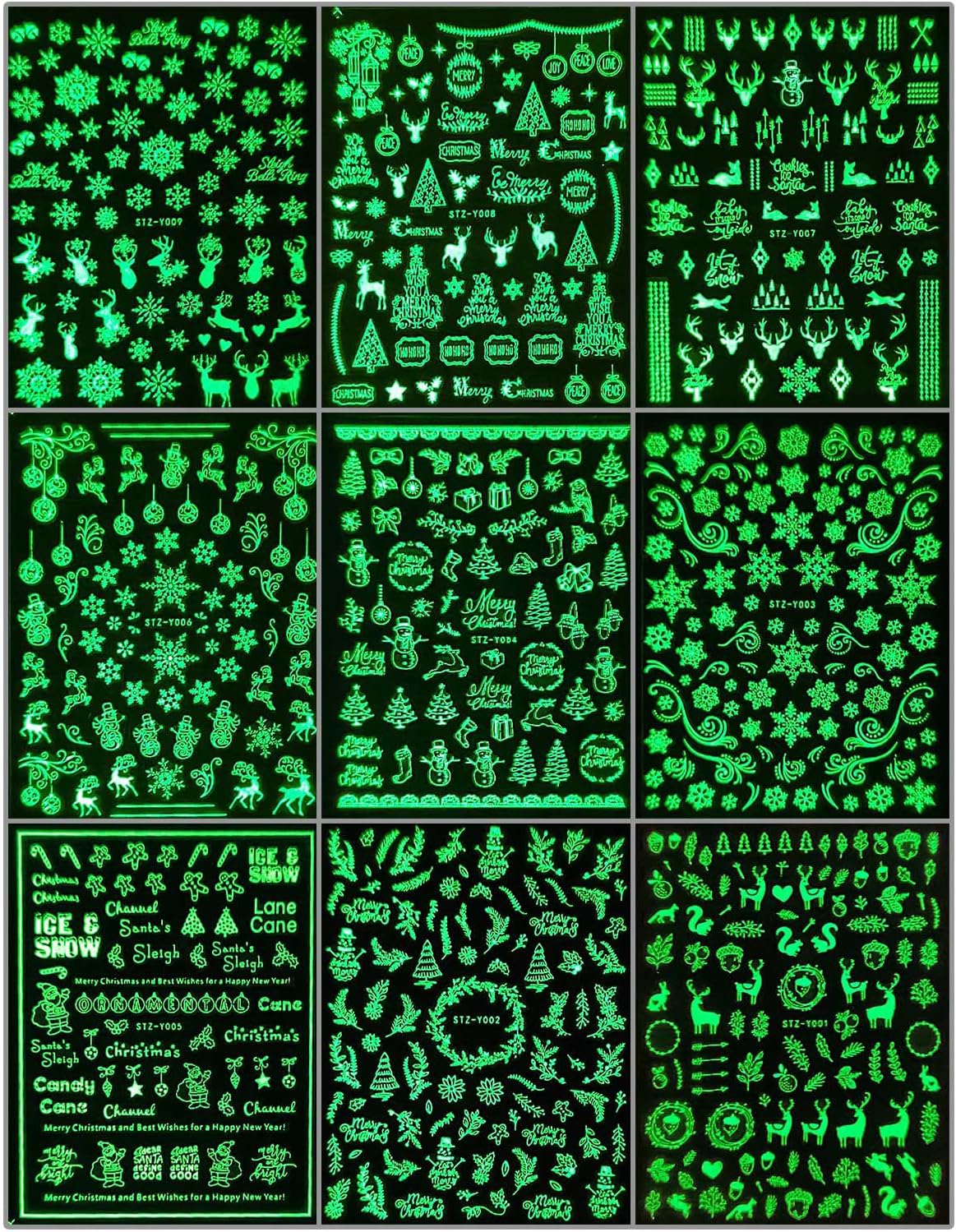 9 Sheets Christmas Glow in The Dark Nail Art Stickers Decals Self-Adhesive Pegatinas Uñas Navidad Winter Holiday Xmas Snowflake Nail Supplies Nail Art Design Decoration Accessories-Velvo Beauty