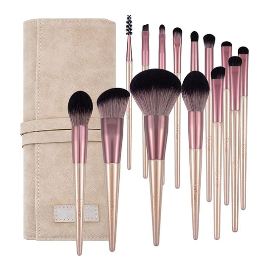 DUcare Makeup Brushes with Bag - 14Pcs Professional Synthetic Make Up Brushes Set for Blush Concealer Foundation Bronzer Powder Eyebrow Eyeshadow Blending Makeup Brush Set Mekaup bag, Rose Golden-Velvo Beauty