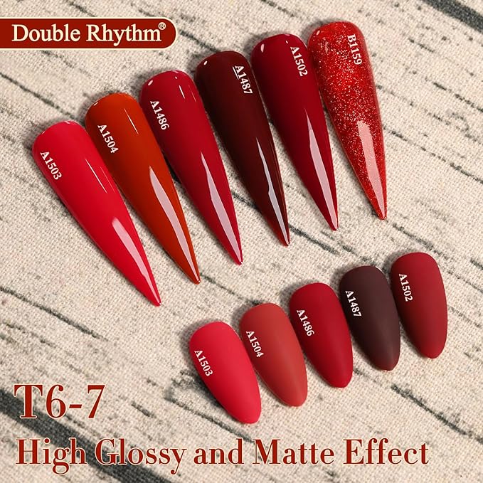 Double Rhythm 6 Pcs 15 ML Gel Polish Set Same Color Same Bottle Soak Off Gel Polish Kit Nail Art Manicure Salon DIY at Home for Women (Glitter Burgundy Dark Cherry Red Maroon-T6-7)-Velvo Beauty