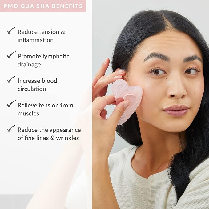 PMD Beauty Gua Sha Facial Tools - Massaging, Sculpting and Depuffing Guasha Tool for Face with Rose Quartz and Silicone Grip - Reduce Tension & Inflammation-Velvo Beauty