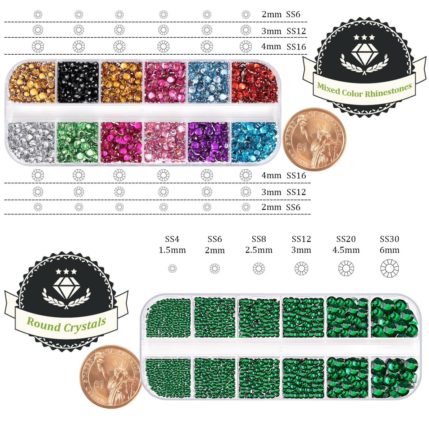 Two Packs of Flatback Rhinestones 4520 Pcs Colorful Nail Art Rhinestones Flatback Crystal Colorful+Dark Green Rhinestone with Picker Pencil and Tweezer for Nail Art and Decoration-Velvo Beauty