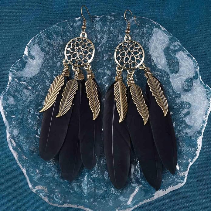 Boho Black Feather Dangle Earrings Long Feather Tassel Earrings Vintage Tribal Feather Earrings Gold Feather Drop Earrings Jewelry for Women-Velvo Beauty