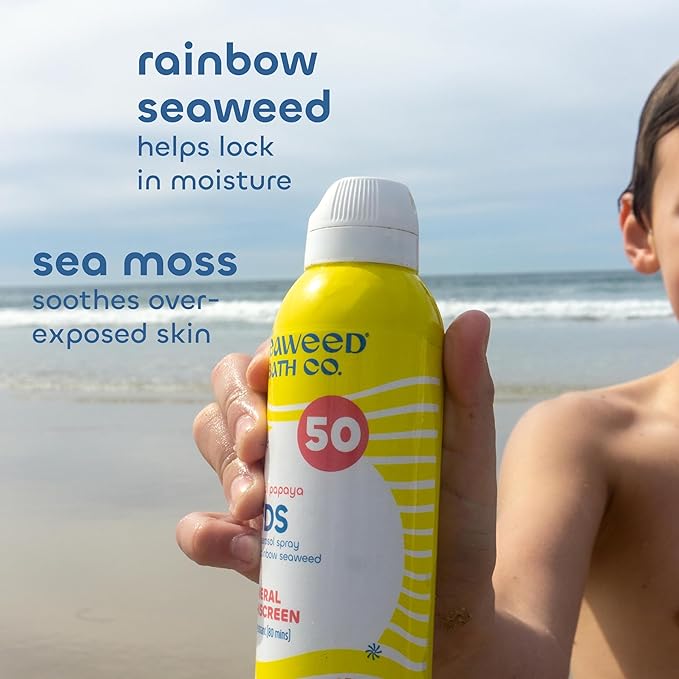 Seaweed Bath Co. Kid's on the Move Mineral SPF 50 Broad Spectrum Zinc Oxide Sunscreen Spray, 6 Oz., Water Resistant, Tear Free Children's Sunblock-Velvo Beauty