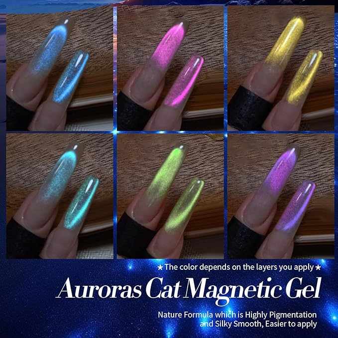 Born Pretty Cat Magnetic Eye Gel Nail Polish Aurora Mermaid Blue Purple Pink Yellow Red Gel Polish Glass Holographic Glitter Gel Nail Polish for Nail Art Manicure Salon DIY 6PCS 7ML-Velvo Beauty