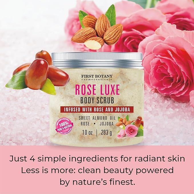 First Botany Body Scrub - Natural Exfoliating Salt Scrub & Body and Face Souffle helps with Moisturizing Skin, Acne, Cellulite, Dead Skin Scars, Wrinkles (10 fl oz, Rose)-Velvo Beauty