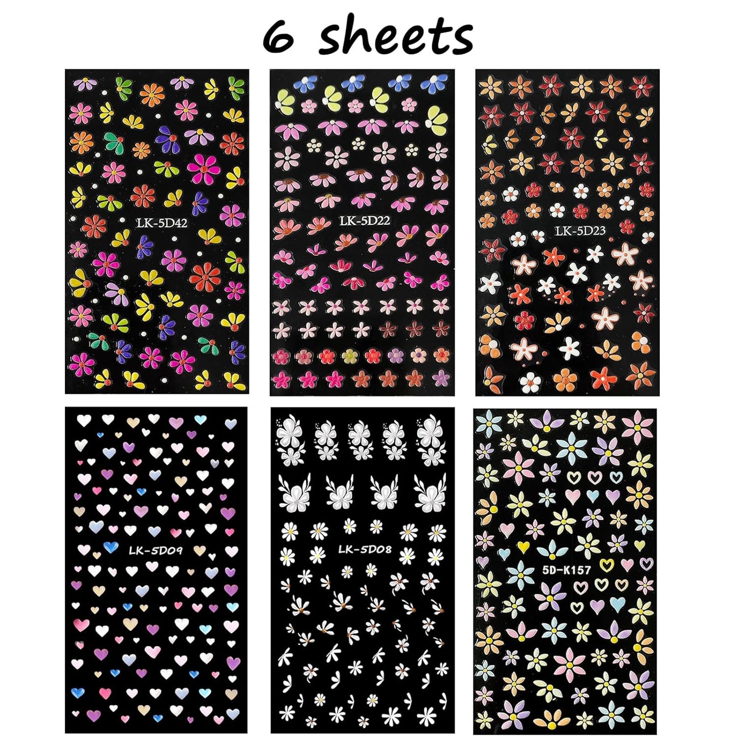 Flower Nail Art Stickers Decals 5D Embossed Nail Decals Spring Summer Nails Design Self-Adhesive Supplies Accessories 3D Flower for Women Nails DIY Decoration(6 Sheets)-Velvo Beauty