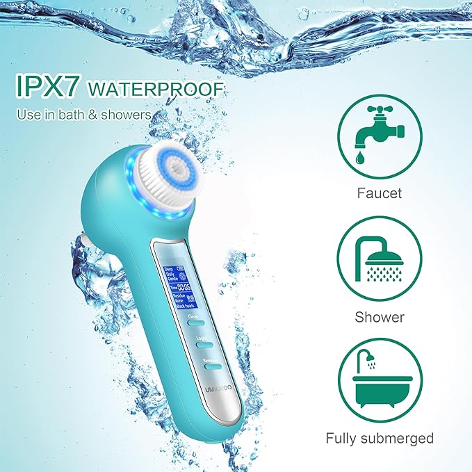 Face Scrubber Exfoliator,Facial Cleansing Brush Waterproof with LCD Screen,Blackhead Remover Vacuum with 5 Brush Heads,Face Spin Brush for Exfoliating (Blue-Blue)-Velvo Beauty