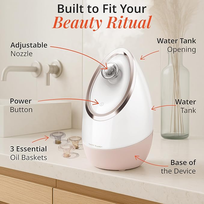 Vanity Planet Aira Ionic Facial Steamer (Rose Gold) - Pore Cleaner That Detoxifies, Cleanses and Moisturizes - Adjustable Nozzle, Water Tank with 3 Essential Oil Baskets-Velvo Beauty