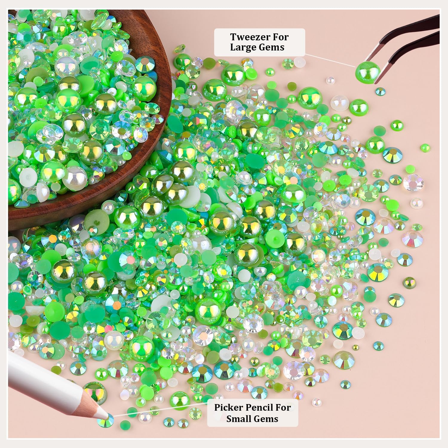 9000PCS Flatback Pearls and Rhinestones for Crafting, Green Mixed Size 3-10mm Resin Rhinestones and Half Pearls for Bedazzling, Nail Art and Decoration with Tweezer and Pickup Pencil-Velvo Beauty