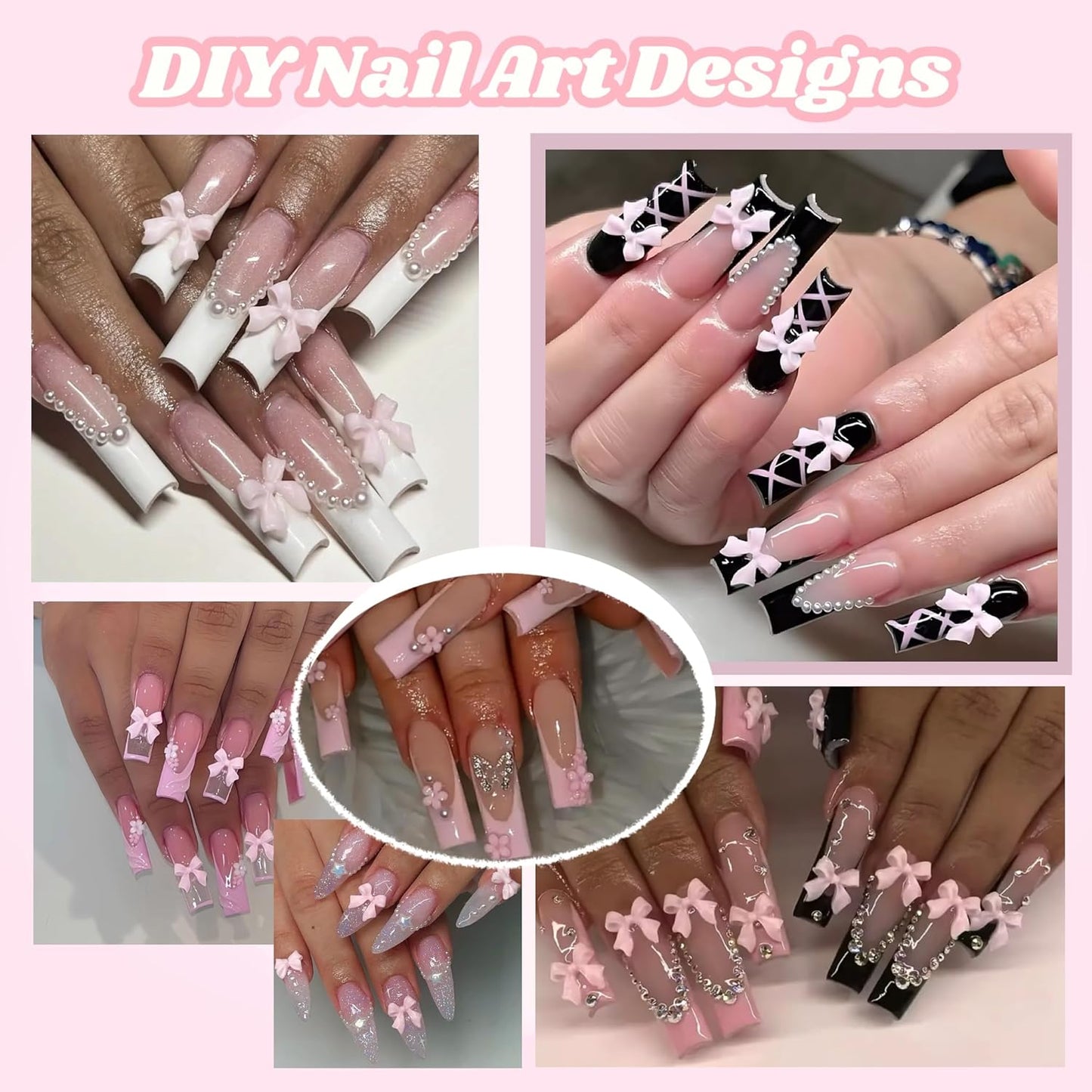 3D Flowers Nail Charms Y2K Kit, Metal Butterfly Cherry Colorful Bow Charms for Nails Art Gems, White and Pink Bows Pearls Charms for Nail Manicure DIY Crafts Jewelry Accessories-Velvo Beauty