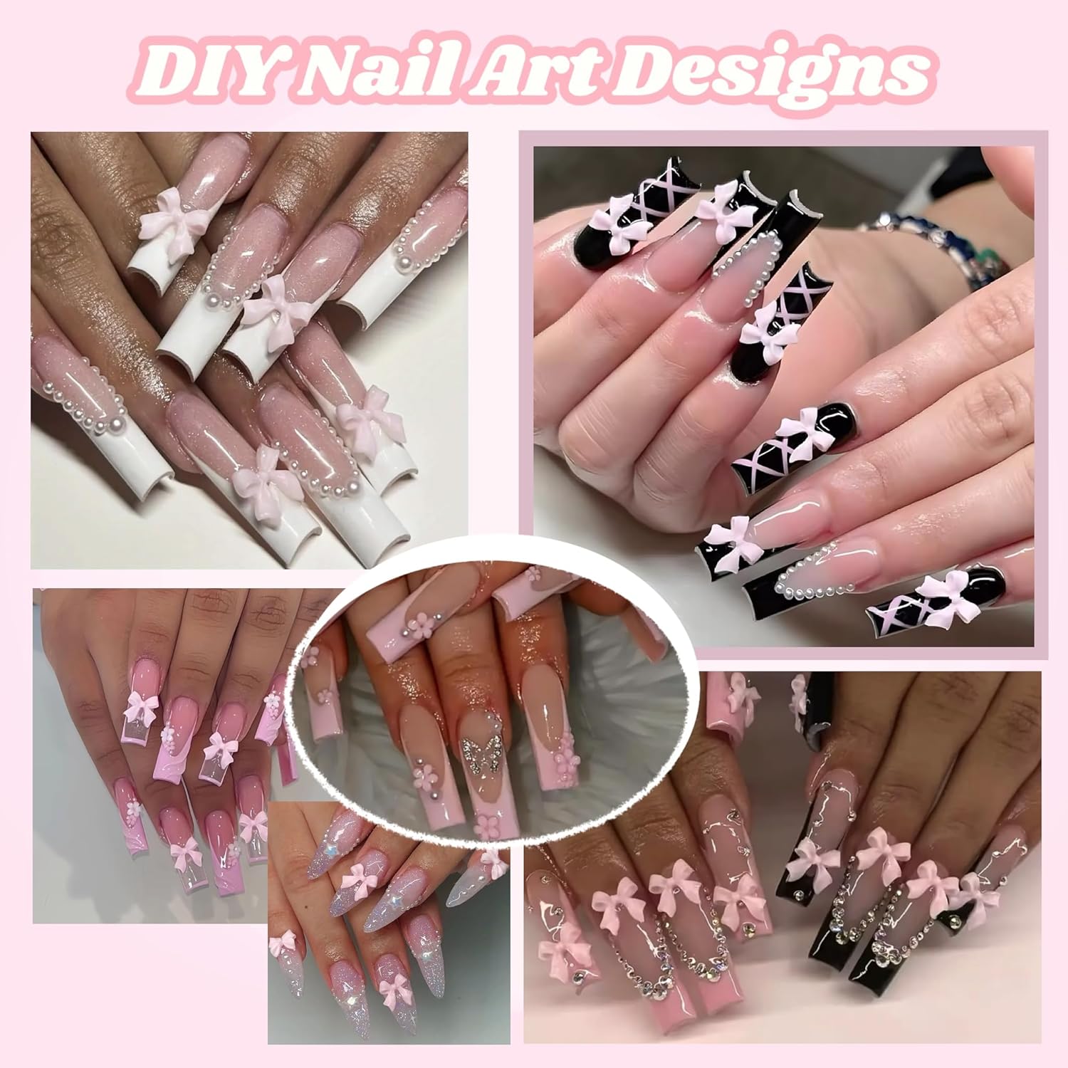 3D Flowers Nail Charms Y2K Kit, Metal Butterfly Cherry Colorful Bow Charms for Nails Art Gems, White and Pink Bows Pearls Charms for Nail Manicure DIY Crafts Jewelry Accessories-Velvo Beauty