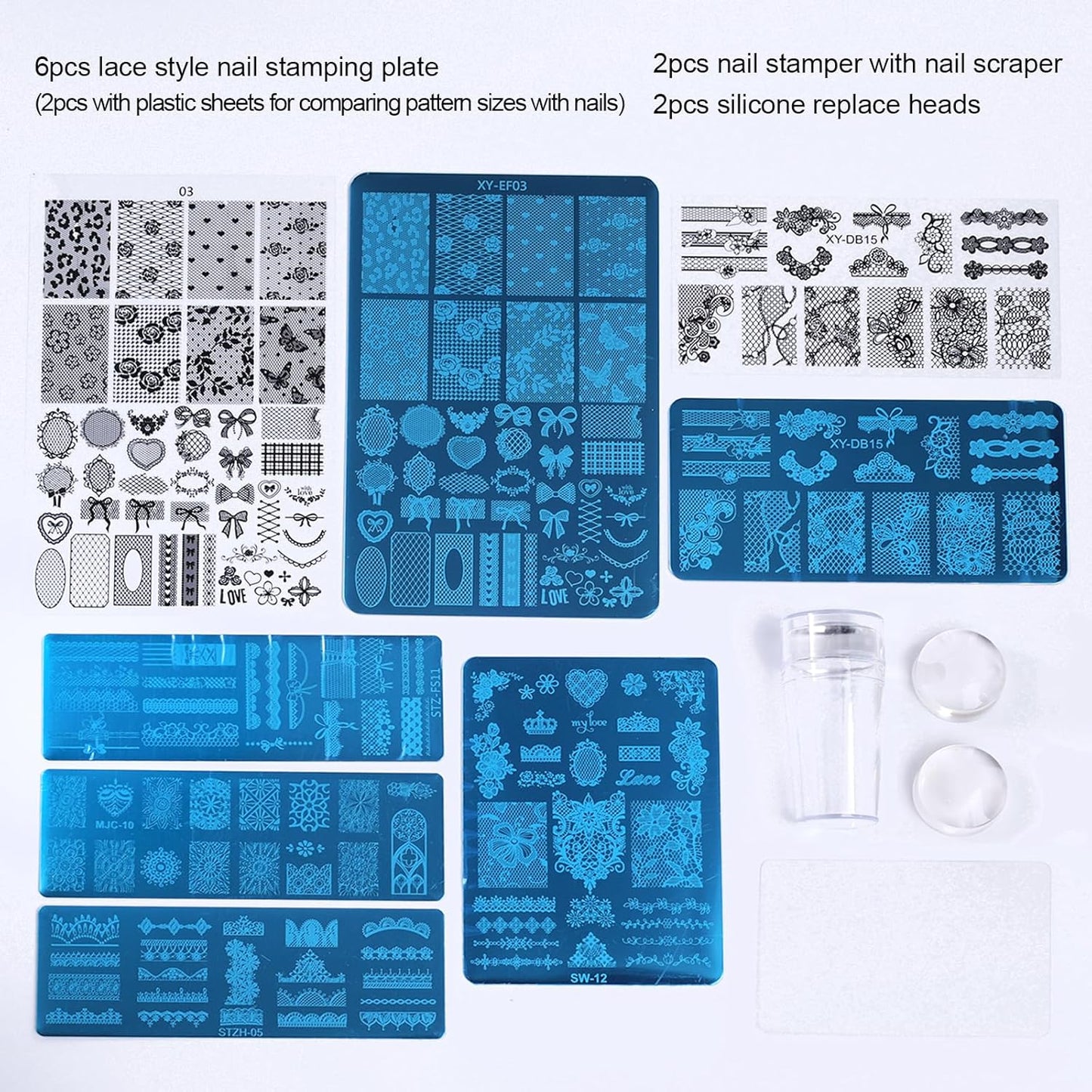 6pcs Lace Flower Design Nail Stamping Plate Kit With French Tip Nail Stamper Kit Ribbon Bow Knot Nail Stencil Reusable Stainless Steel Manicure Tool Nail Supplies for Salon DIY-Velvo Beauty