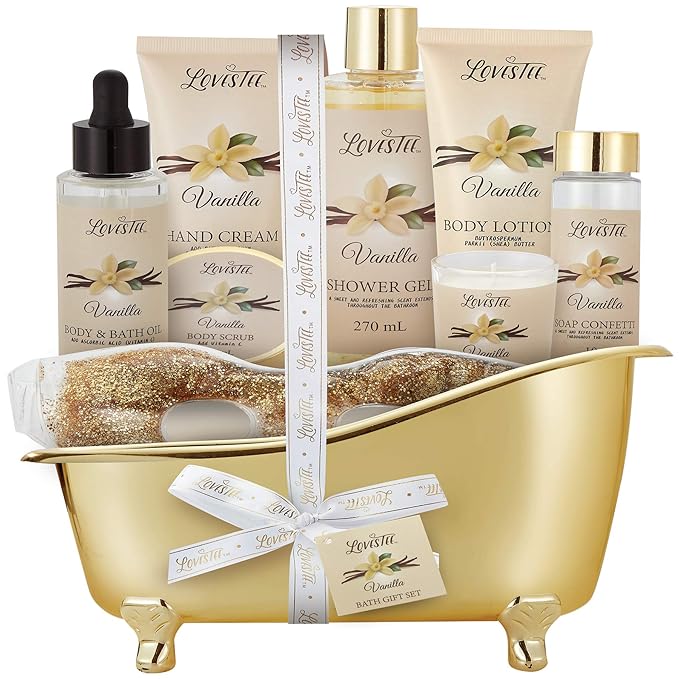Mothers Day Gifts, Spa Basket for Women, Vanilla Bath & Body Set, Christmas & Birthday Gift, Includes Shower Gel, Body Lotion, Hand Cream, Body Scrub, Message Oil, Candle, Eye Mask, Confetti-Velvo Beauty