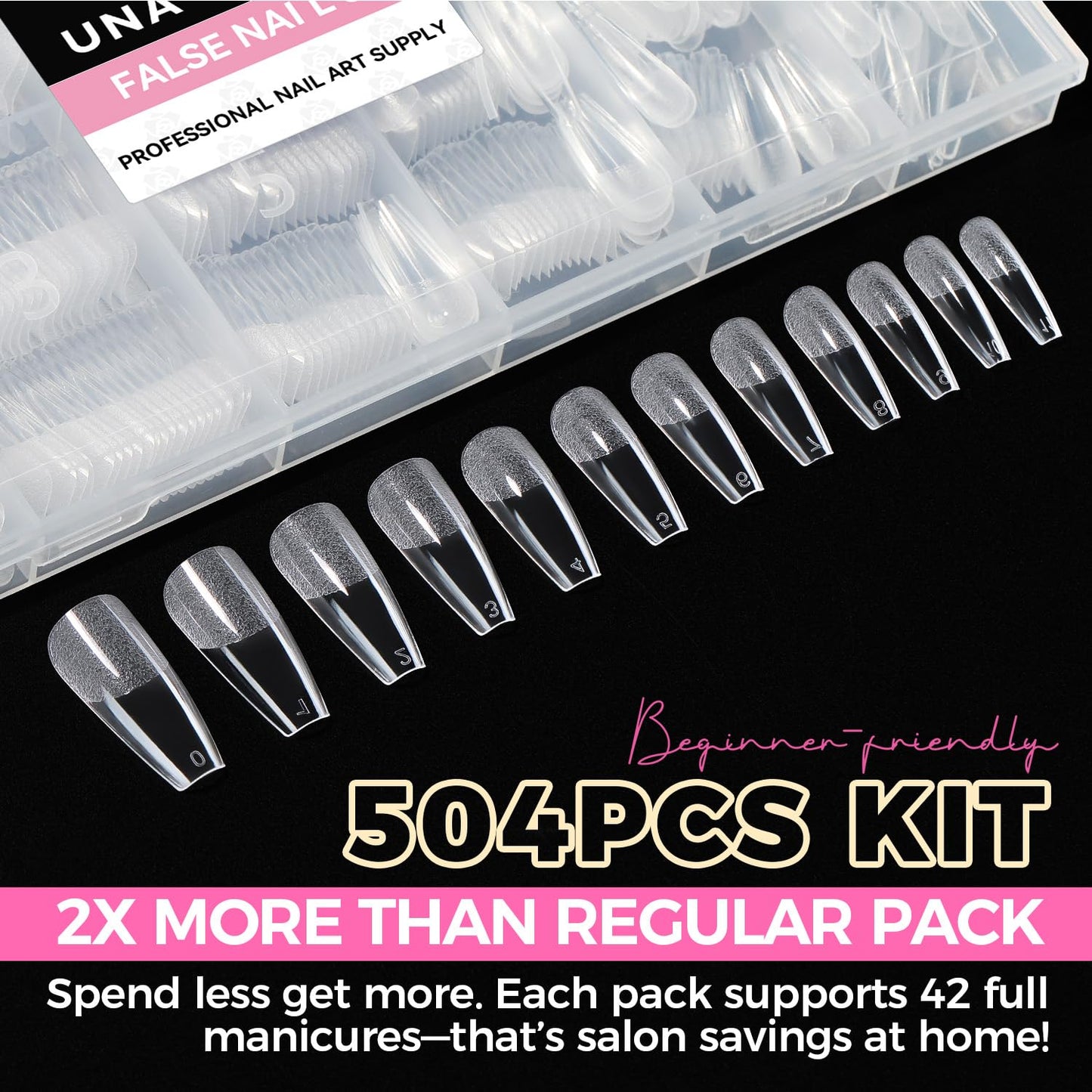 UNA GELLA Long Coffin Nail Tips, 504pcs Pre-Shape Fake Nails Half Matte Full Cover Acrylic Gel Nail Tips Clear Long Coffin Press On Nails Home DIY Extension 12 Sizes Gelly Tips-Velvo Beauty